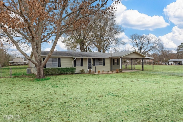 single story home featuring a carport and a front lawn