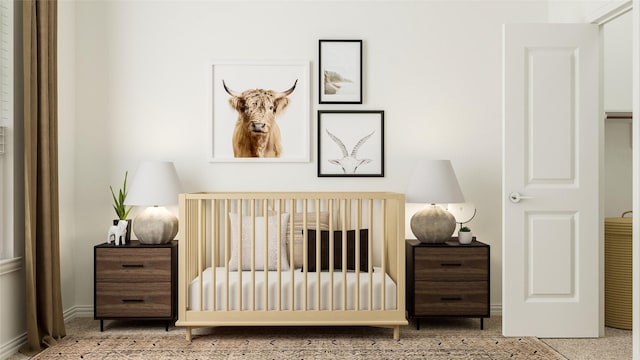 carpeted bedroom with a crib