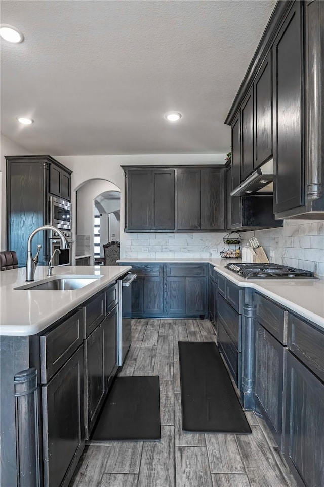 kitchen with under cabinet range hood, stainless steel appliances, a sink, backsplash, and wood tiled floor