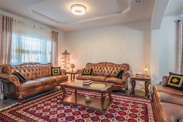 living area featuring visible vents, a tray ceiling, and wood finished floors