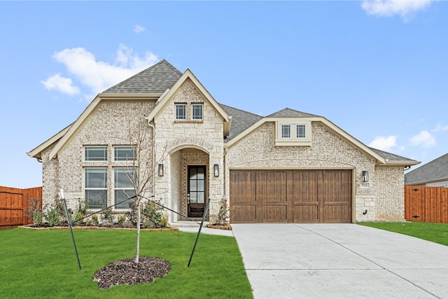 french country style house featuring a shingled roof, a front yard, fence, a garage, and driveway