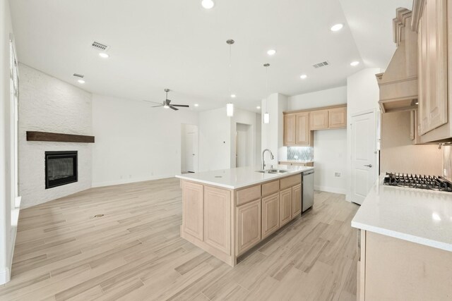 kitchen featuring sink, light wood-type flooring, ceiling fan, stainless steel appliances, and a kitchen island with sink