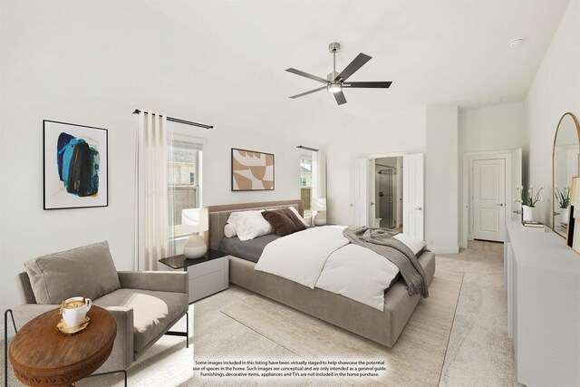 bedroom featuring lofted ceiling, light carpet, and ceiling fan