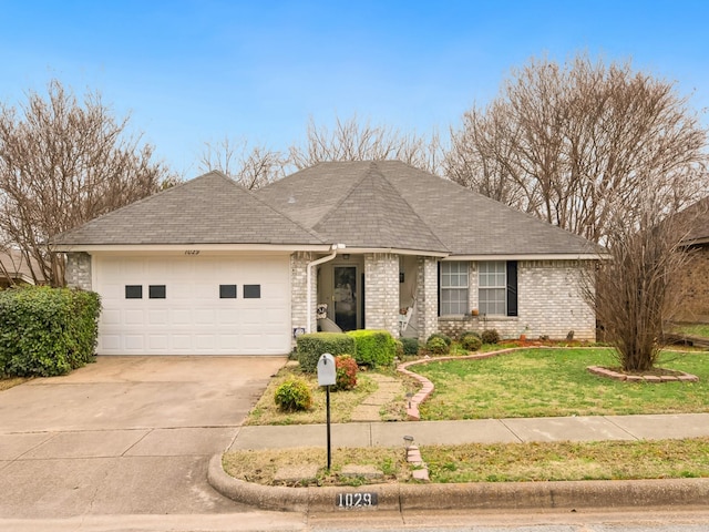 ranch-style house featuring an attached garage, brick siding, a shingled roof, driveway, and a front lawn