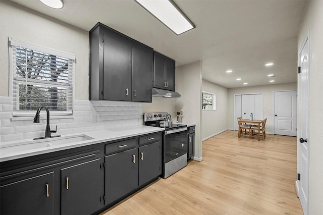 kitchen with tasteful backsplash, stainless steel electric stove, sink, and light wood-type flooring