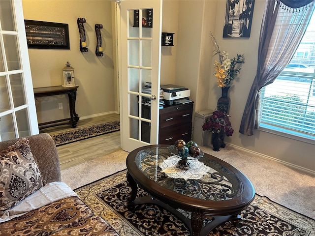 living area featuring french doors, baseboards, and wood finished floors