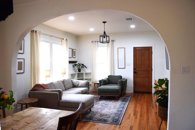 living room with ornamental molding, wood-type flooring, and a wealth of natural light