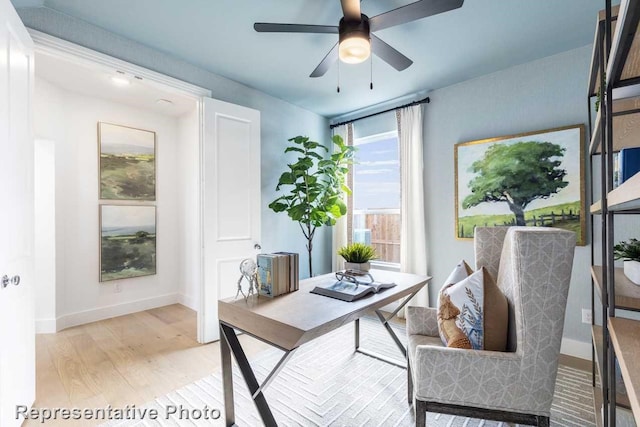 office area featuring light hardwood / wood-style floors and ceiling fan