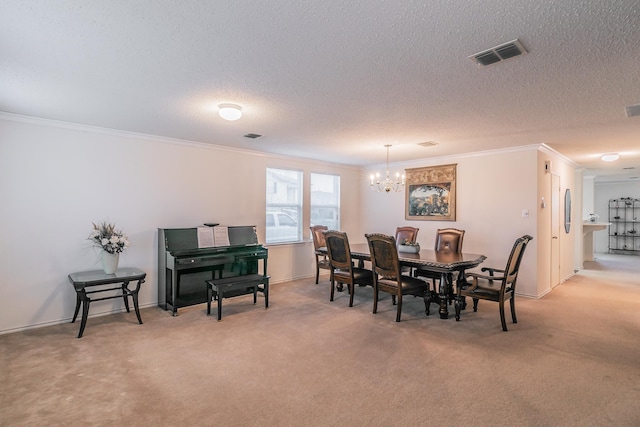 carpeted dining area with crown molding, an inviting chandelier, and a textured ceiling