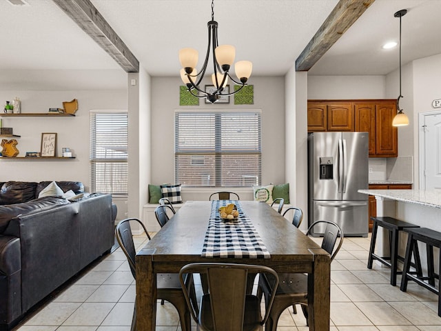 dining space featuring beam ceiling, a chandelier, and light tile patterned flooring