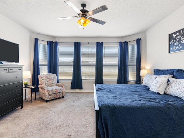 bedroom with multiple windows, light colored carpet, and a textured ceiling