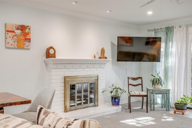 living room featuring a fireplace, ornamental molding, and carpet flooring