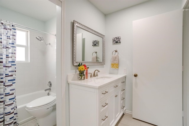 full bathroom with shower / bath combination with curtain, vanity, and toilet