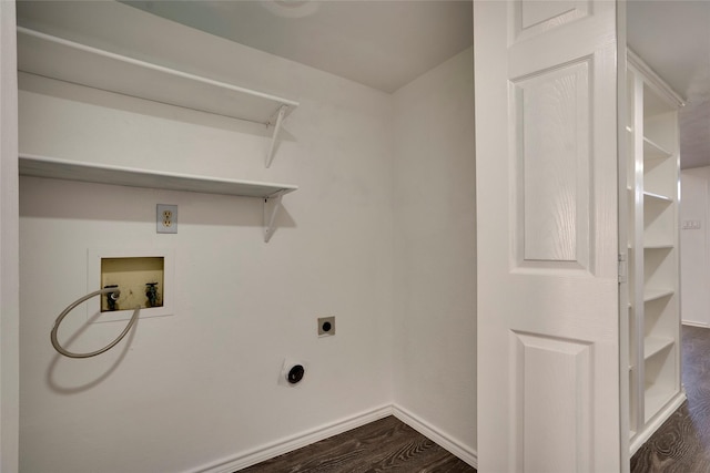 washroom with electric dryer hookup, hookup for a washing machine, and dark wood-type flooring