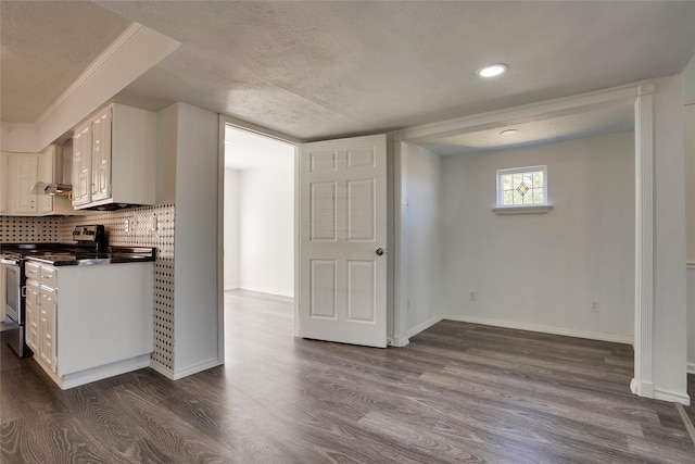 kitchen featuring white cabinetry, dark wood-type flooring, and stainless steel range with electric cooktop