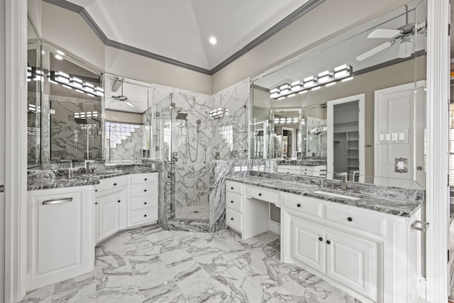 5008 Bellerive Dr, Dallas, TX 75287 - bathroom featuring a marble finish shower, ceiling fan, lofted ceiling, and two vanities