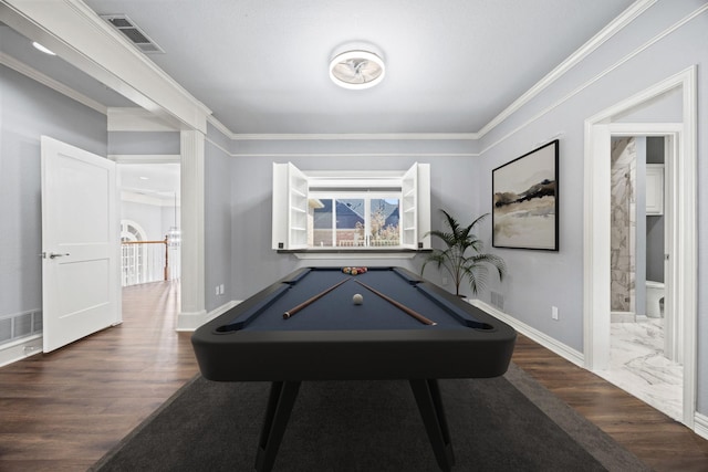 recreation room featuring dark wood-type flooring, billiards, and crown molding