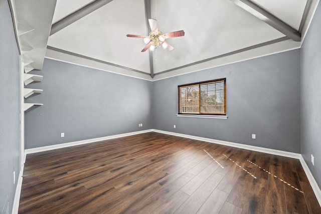 empty room featuring high vaulted ceiling, dark wood-type flooring, and ceiling fan