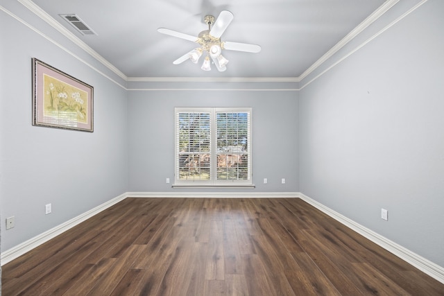 unfurnished room with dark wood-type flooring, ceiling fan, and crown molding