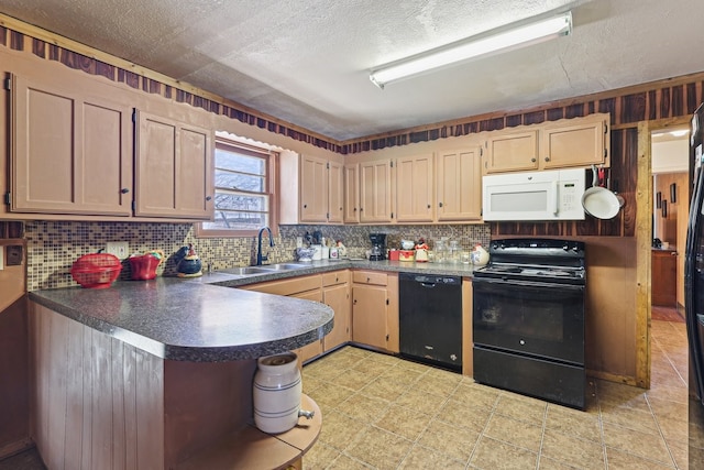 kitchen with tasteful backsplash, sink, a textured ceiling, and black appliances