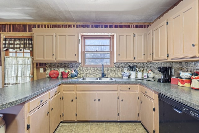 kitchen with tasteful backsplash, black dishwasher, and sink