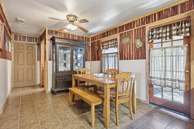 dining room featuring ceiling fan and wood walls