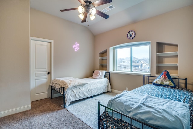 carpeted bedroom with lofted ceiling and ceiling fan