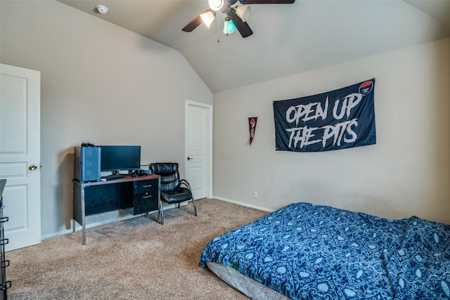 carpeted bedroom with ceiling fan and lofted ceiling