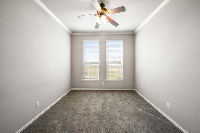 unfurnished room with ornamental molding, carpet, and ceiling fan