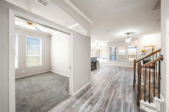 hallway featuring crown molding and hardwood / wood-style floors