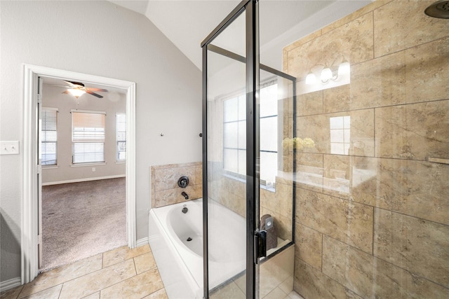 bathroom featuring lofted ceiling, ceiling fan, tile patterned floors, and separate shower and tub