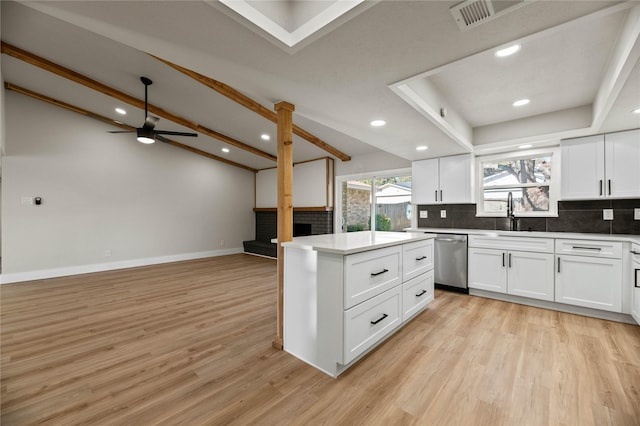 kitchen featuring white cabinetry, sink, backsplash, and dishwasher