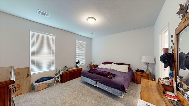 bedroom featuring light carpet and a textured ceiling