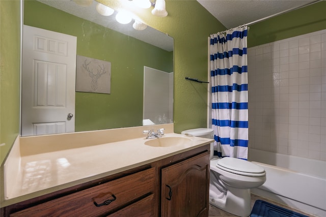 full bathroom with vanity, a textured ceiling, shower / bath combination with curtain, and toilet