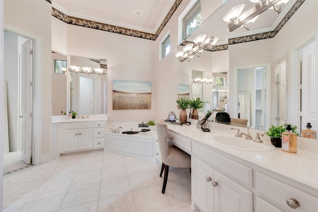 bathroom featuring vanity, ornamental molding, tile patterned floors, and a chandelier