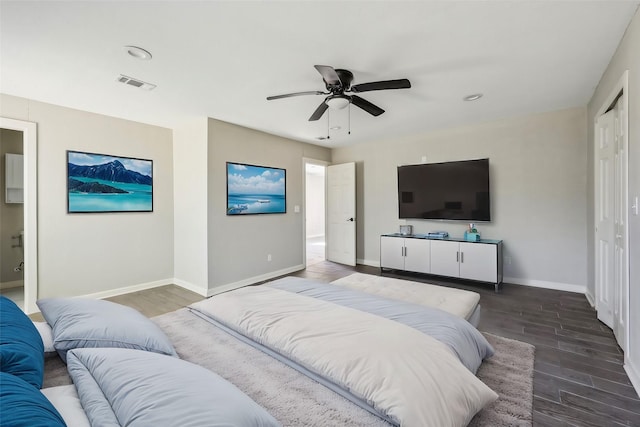 bedroom featuring ceiling fan and wood-type flooring