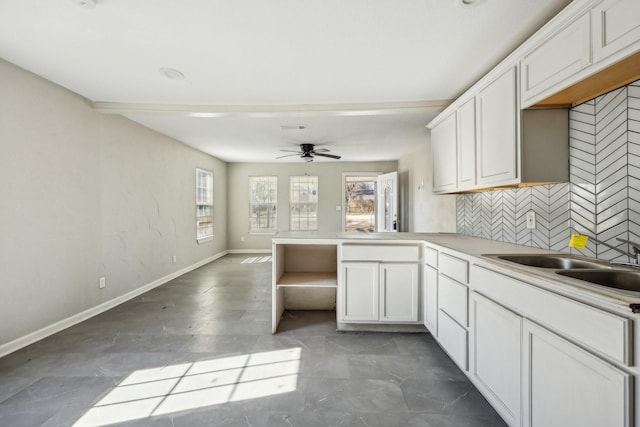 kitchen featuring sink, ceiling fan, tasteful backsplash, white cabinets, and kitchen peninsula