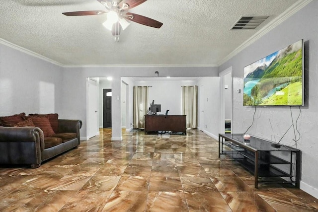 living room featuring crown molding, ceiling fan, and a textured ceiling