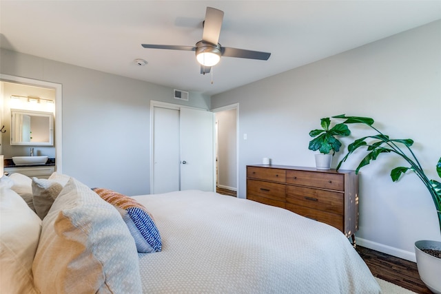 bedroom with ceiling fan, dark hardwood / wood-style floors, and a closet