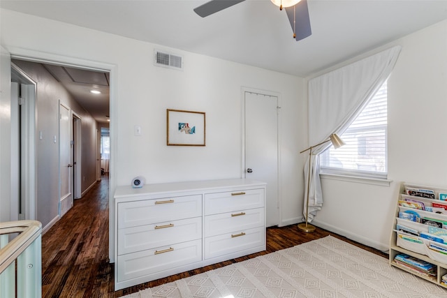 bedroom with hardwood / wood-style flooring and ceiling fan