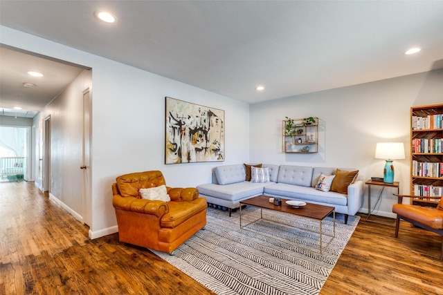 living room with dark hardwood / wood-style flooring