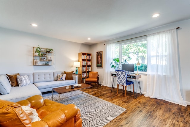 living room with dark hardwood / wood-style flooring