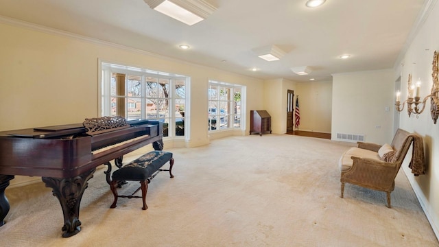 interior space with ornamental molding and light carpet