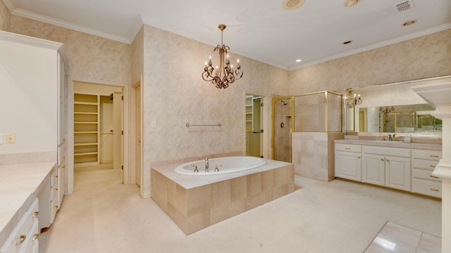 bathroom featuring crown molding, vanity, separate shower and tub, and an inviting chandelier