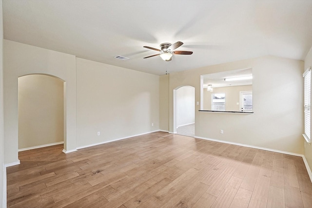 unfurnished room with ceiling fan and light hardwood / wood-style flooring