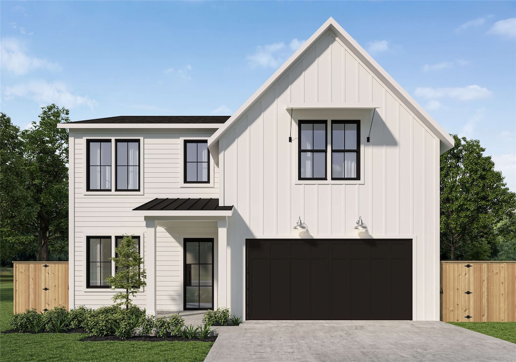 modern farmhouse featuring a garage and a front lawn