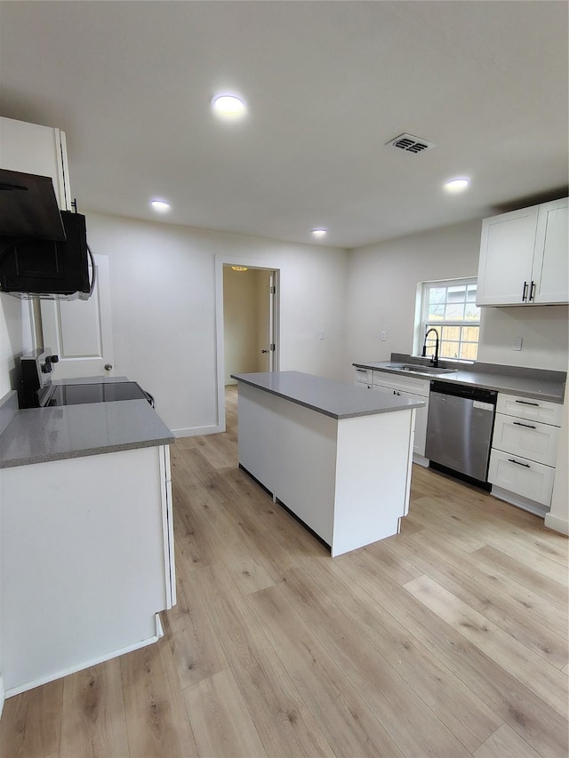 kitchen featuring visible vents, white cabinets, appliances with stainless steel finishes, light wood-type flooring, and a sink