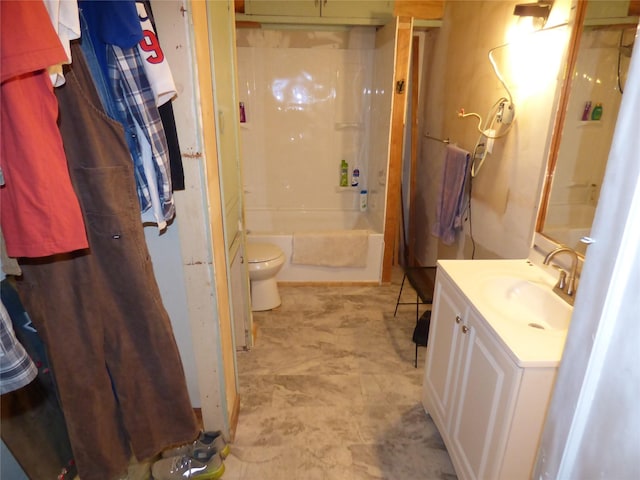 full bathroom with vanity, shower / bath combination with curtain, and toilet