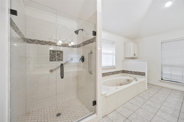 bathroom with crown molding, tile patterned floors, lofted ceiling, and independent shower and bath