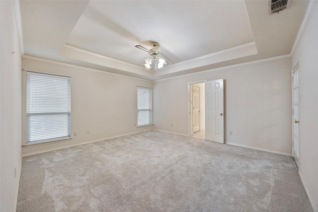 spare room with a raised ceiling, crown molding, and light colored carpet